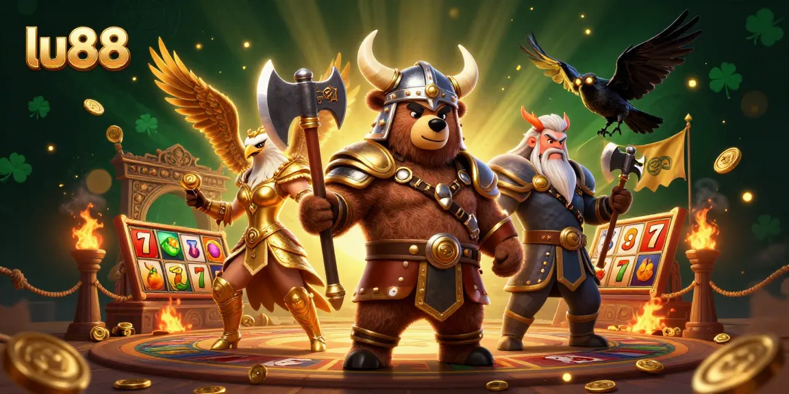 lu88's dynamic casino scene featuring Viking bear, Valkyrie eagle, and bright slot reels