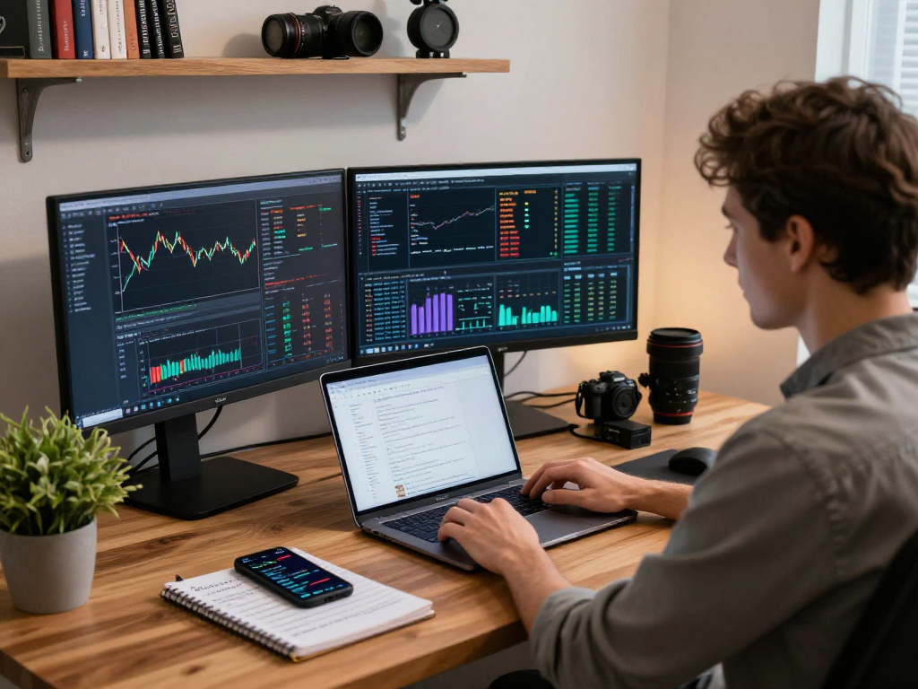 Developer analyzing US corn futures API data in a modern workspace, focusing on real-time forex trends.
