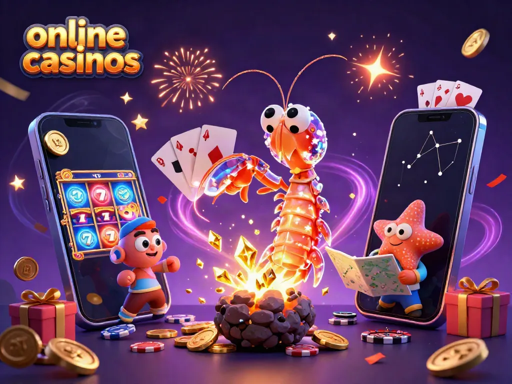 Experience thrilling online casinos with a galactic samurai mantis shrimp bursting gems and coins.