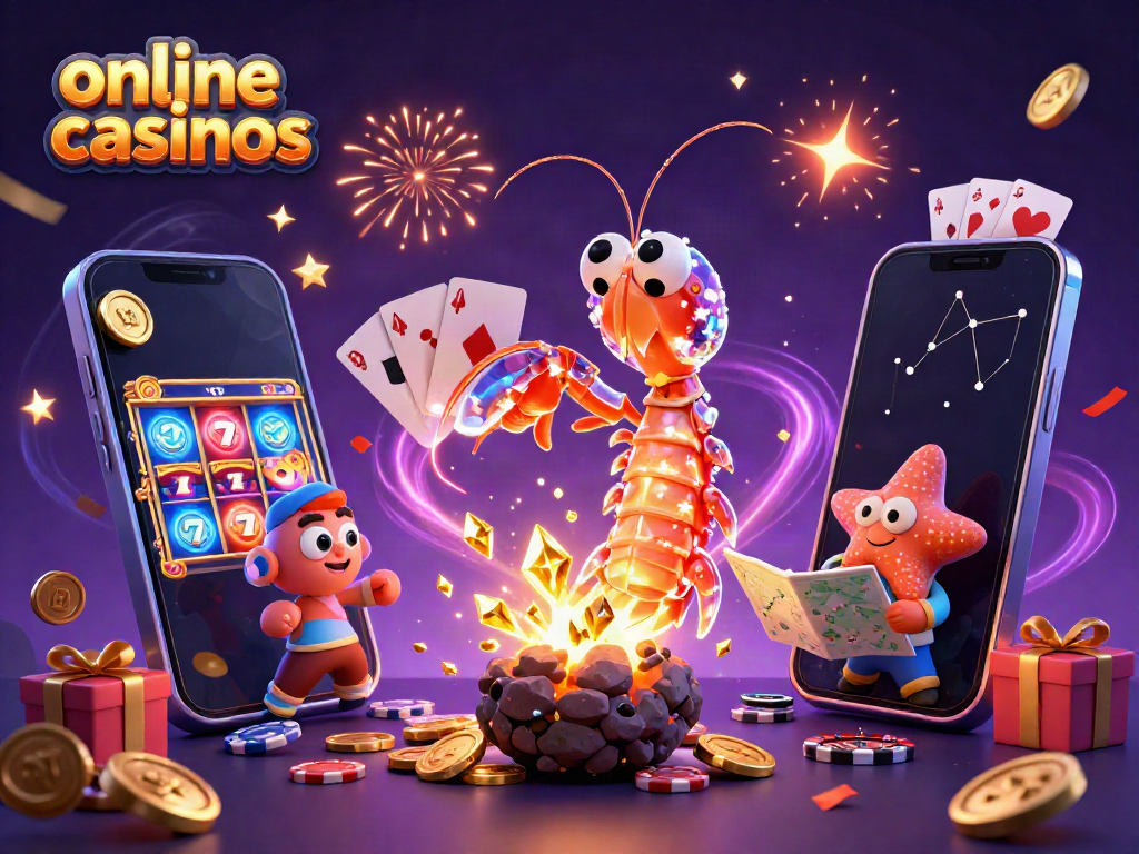 Experience thrilling online casinos with a galactic samurai mantis shrimp bursting gems and coins.