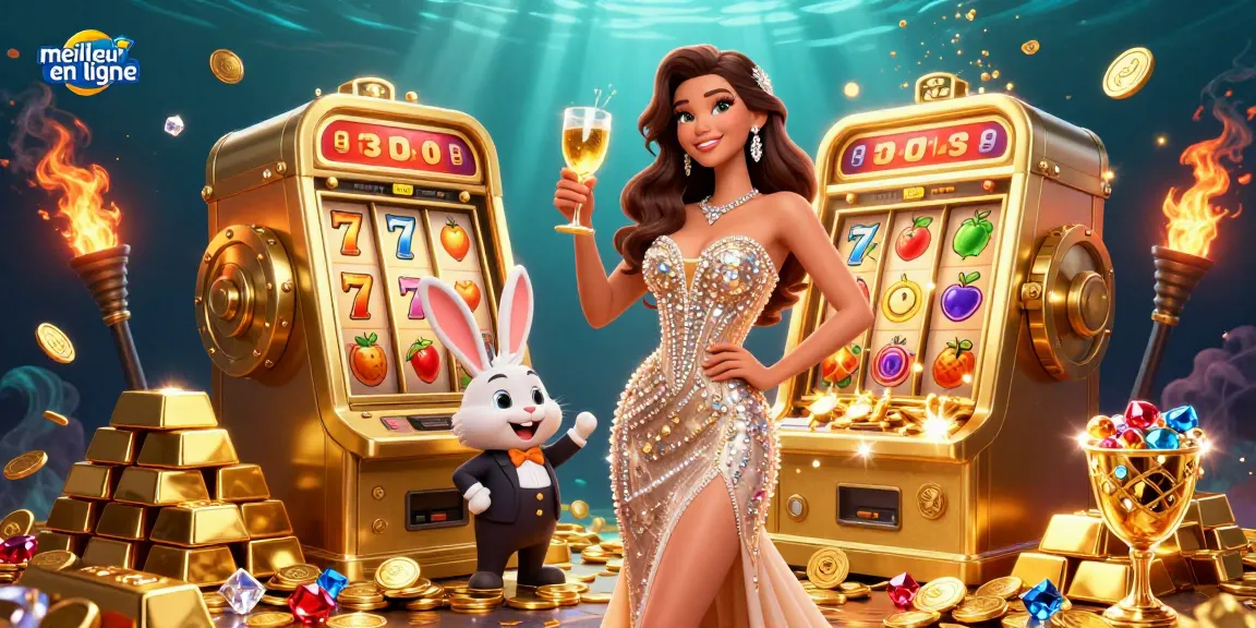 Découvrez l'attrait du meilleur casino en ligne avec une illustration 3D éblouissante mettant en scène une femme trinquant à côté d'une machine à sous jackpot.