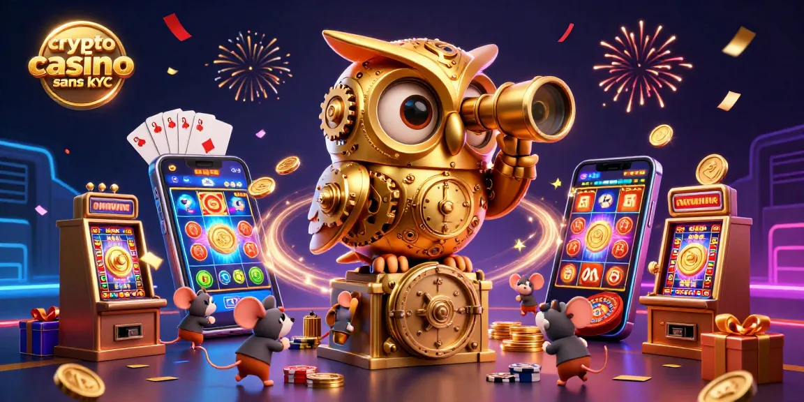 Jouer au crypto casino sans KYC avec une illustration de hibou en or et des souris entre des machines à sous.