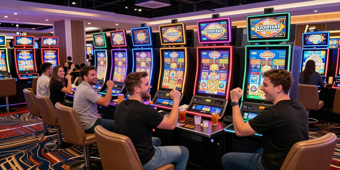 Players enjoying slots that accept credit cards in a colorful casino setting with vibrant lights.