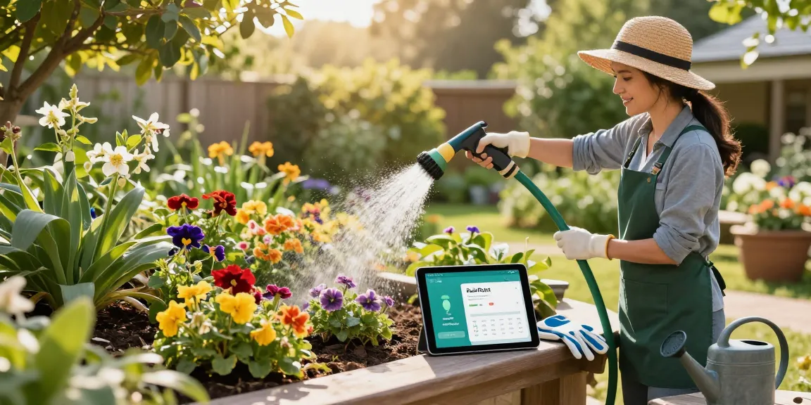Gardener using the best hose nozzle in a vibrant garden setting to ensure optimal plant growth.