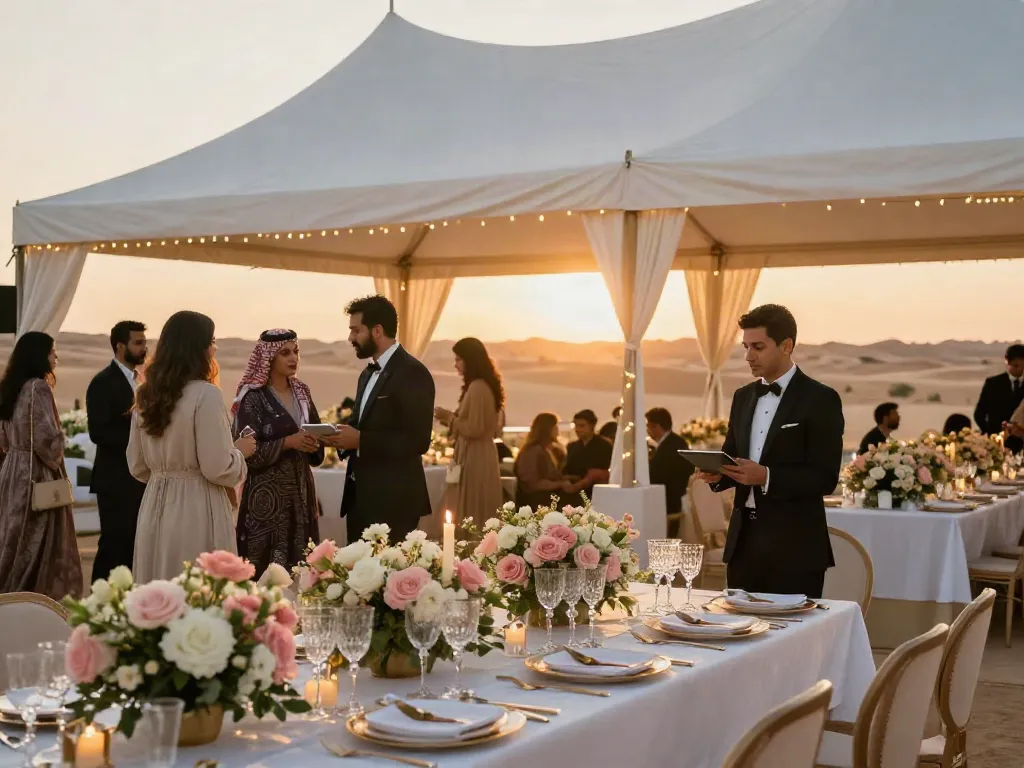Event rentals in Saudi Arabia featured in an elegant outdoor setting with a grand tent and beautifully set dining table.