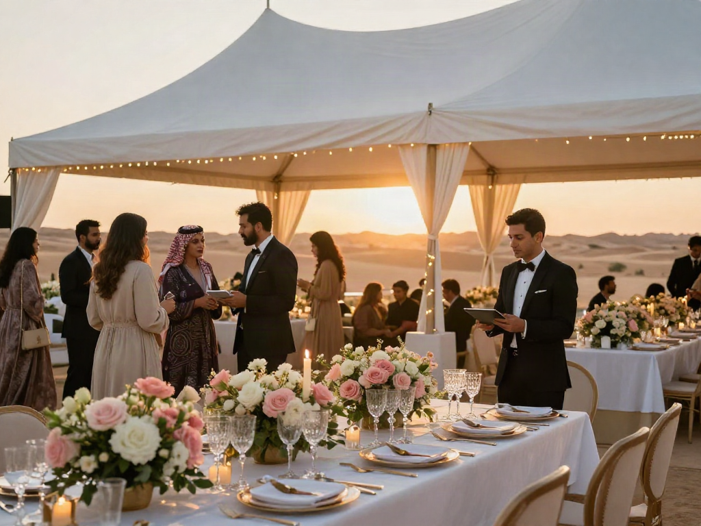 Event rentals in Saudi Arabia featured in an elegant outdoor setting with a grand tent and beautifully set dining table.
