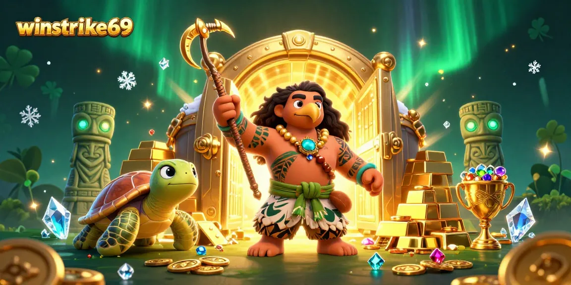 Experience thrilling wins with winstrike69 in a vibrant casino adventure scene filled with treasure!