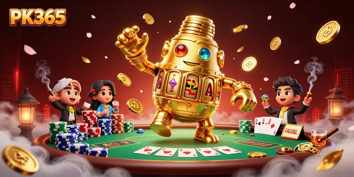 Engage with PK365 in this dynamic casino scene featuring a golden golem and winning poker elements.