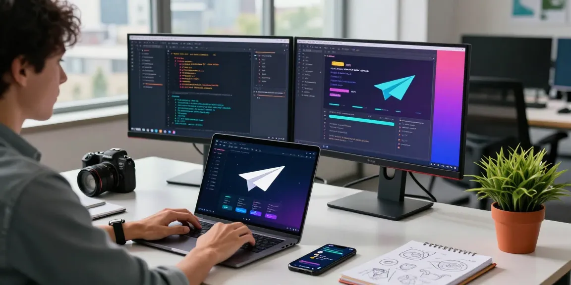 Workspace showcasing paper airplane app with laptop and dual monitors in a modern office atmosphere.