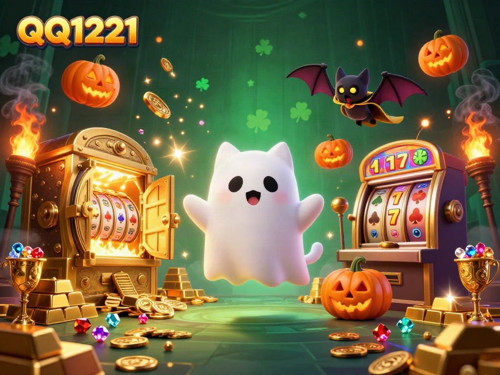 Experience thrilling wins with QQ1221’s interactive slots in a haunted casino environment packed with gold.