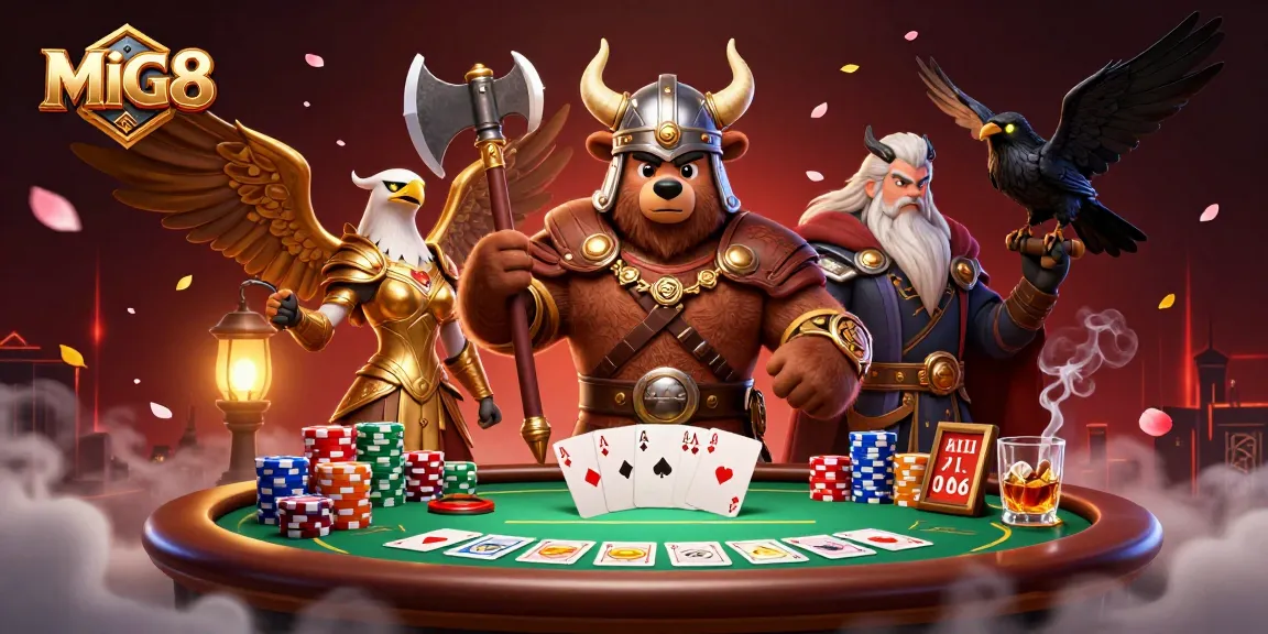 MIG8 brings thrilling poker action to life with an epic Viking bear, regal Valkyrie eagle, and vibrant poker elements.