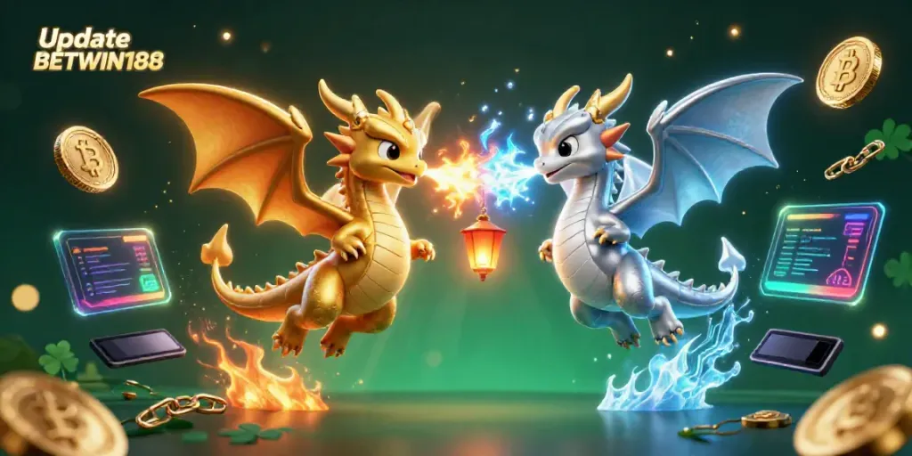 Update BETWIN188 dengan ilustrasi 3D naga berwarna emas dan perak, simbol kemewahan.