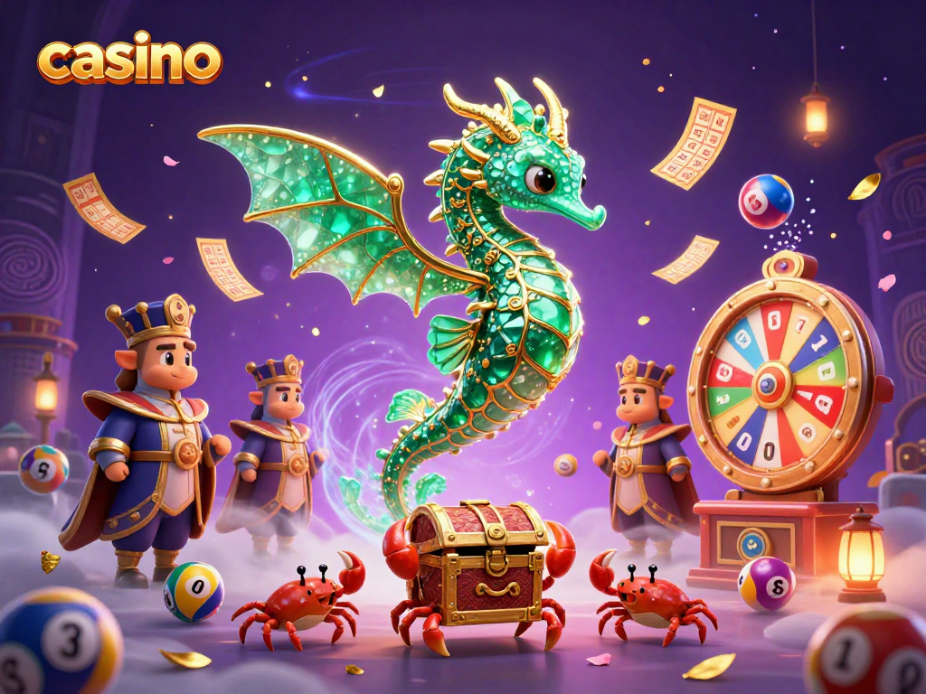 Engage with the casino excitement as the emerald sea dragon guards vibrant lottery elements in a magical scene.