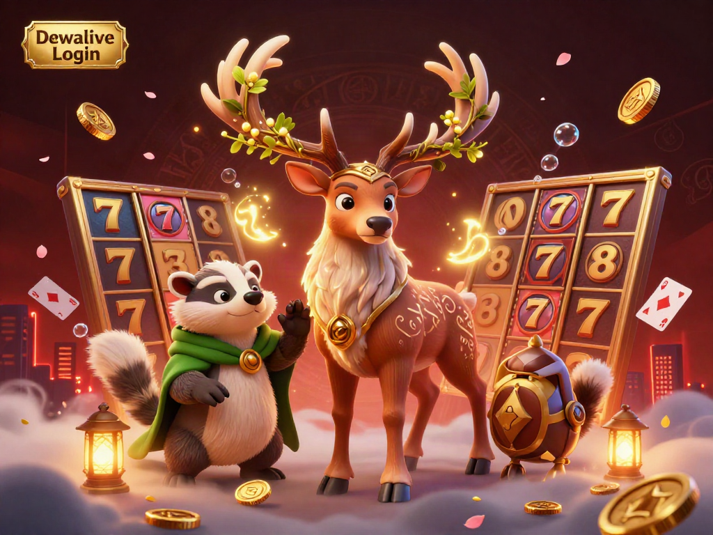 Engage in thrilling gameplay with Dewalive Login, showcasing exciting slots and vibrant characters in a rich casino scene.