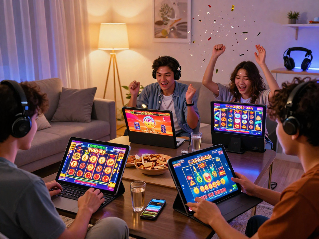 Exciting togel 4d gaming scene with players celebrating wins on modern devices in a cozy setting.