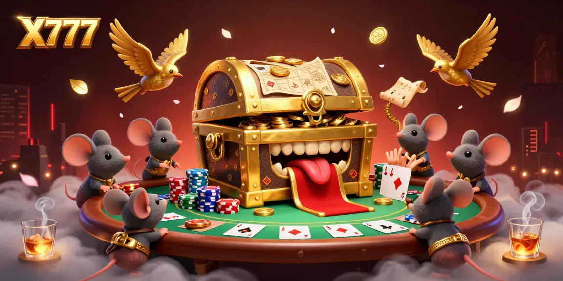 X777 players immerse in poker excitement, surrounded by vibrant casino elements and treasure-filled adventure.