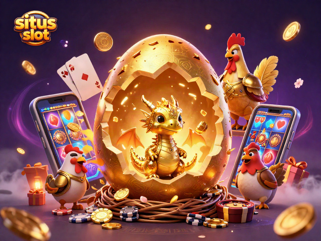 Spin the reels at situs slot with a golden dragon surrounded by poker chips and rich casino elements.