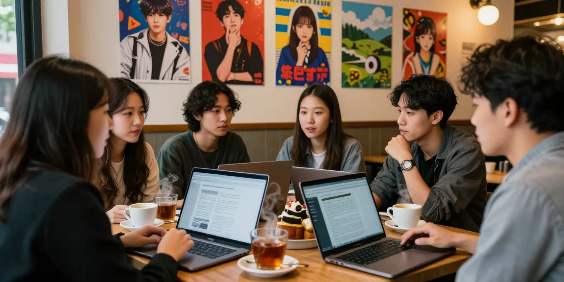 Diverse friends discussing content from https://hanadultalk.com in a cozy café with Asian cultural decor.