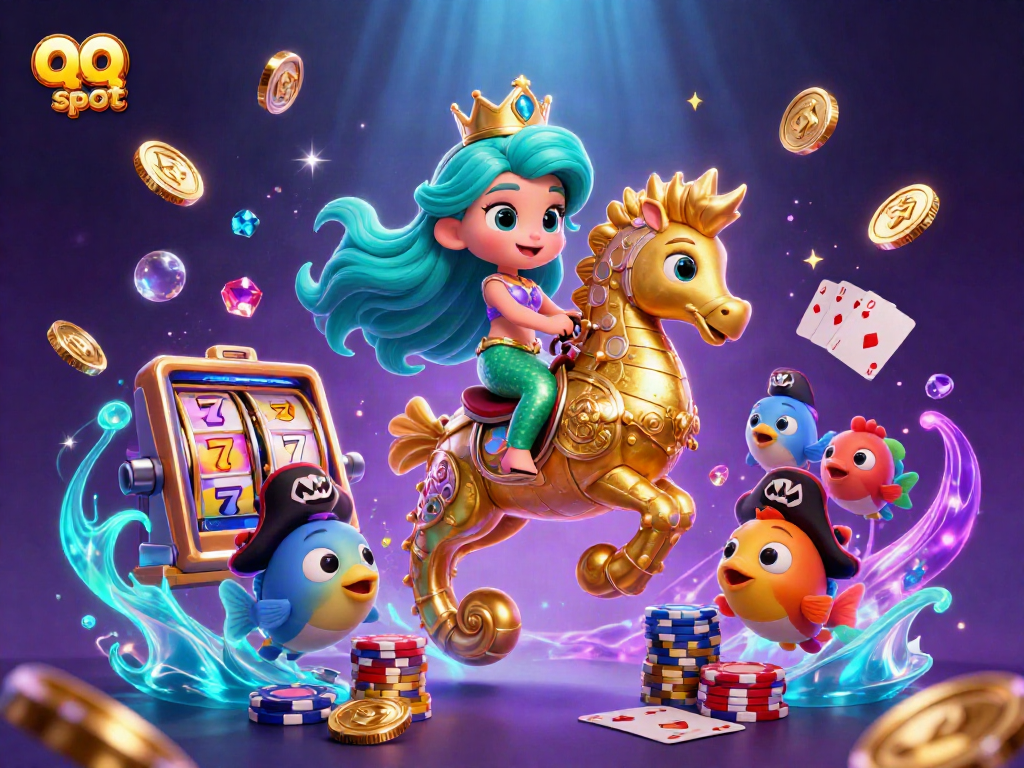 Experience excitement with qq slot in this vibrant underwater casino scene filled with treasures.