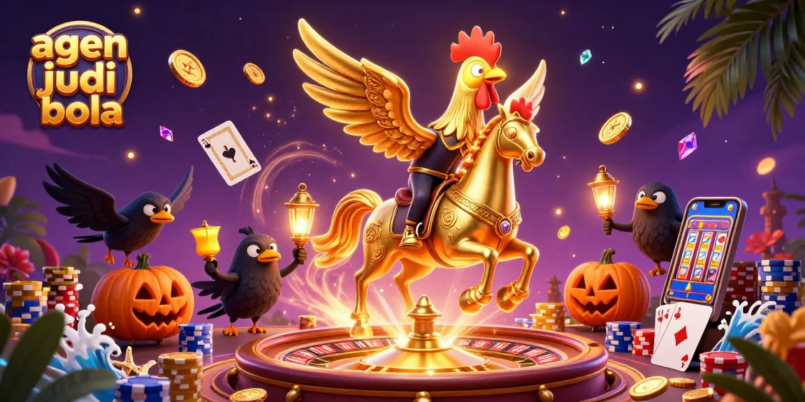 Experience the excitement of agen judi bola with a vibrant casino scene featuring a golden rooster and dynamic gambling elements.