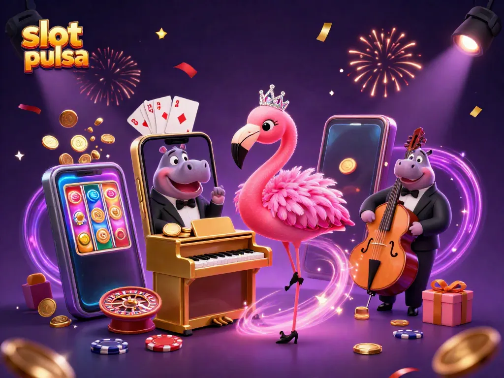 Permainan slot pulsa dengan flamingo penyanyi dan hippo pemusik di kasino 3D.
