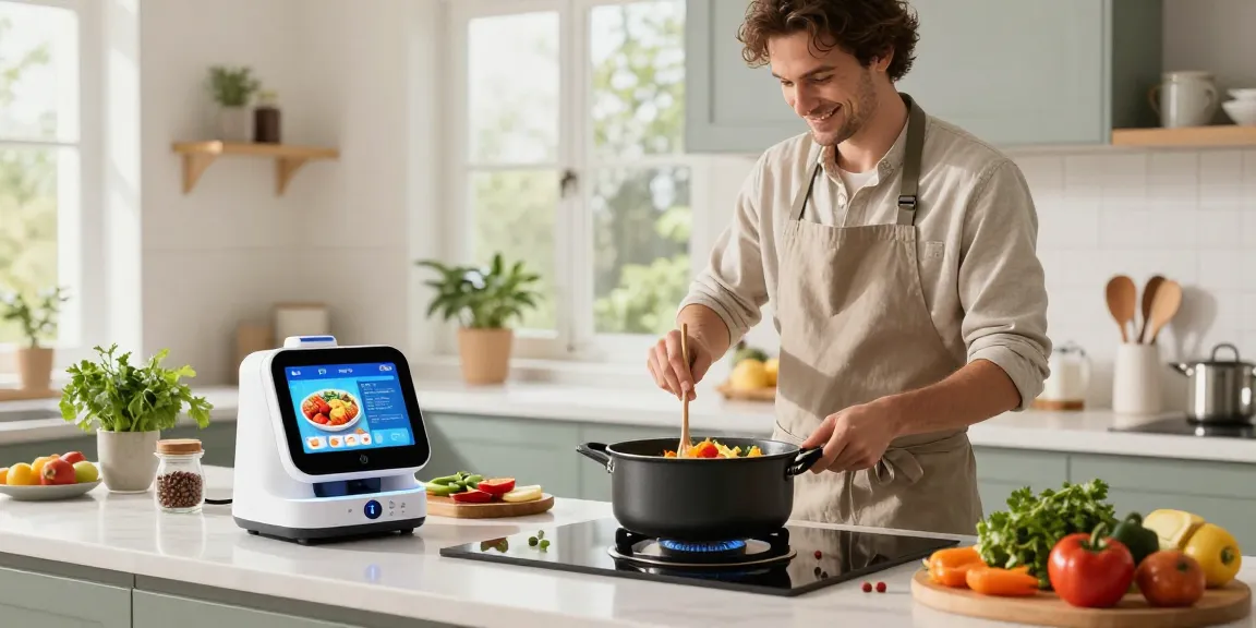 Home cook using AI cooking gadgets with fresh ingredients in a bright, modern kitchen.