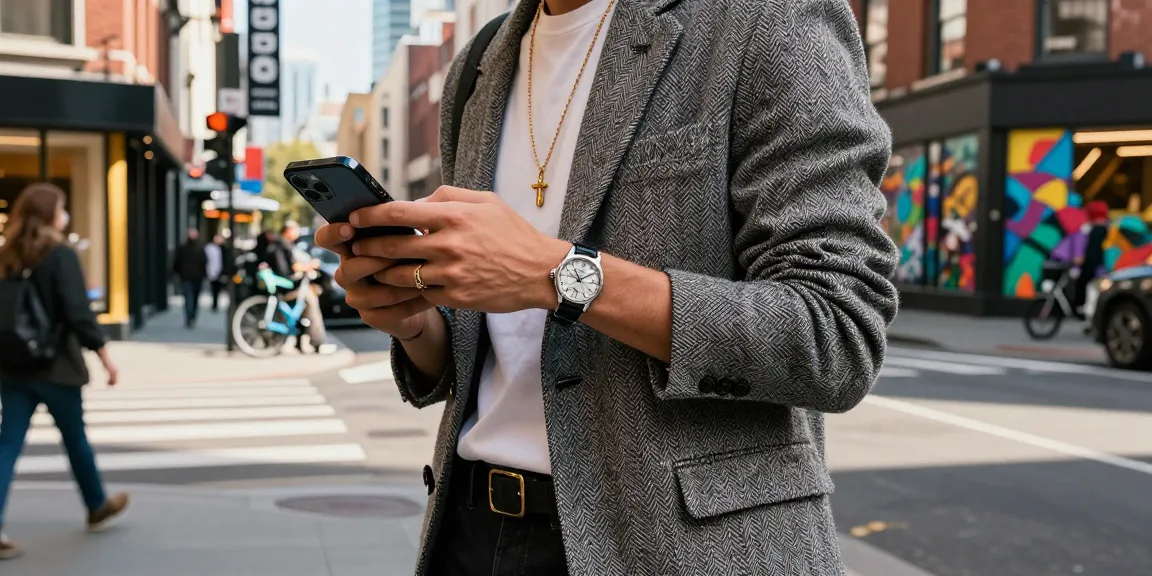 Fashionable individual showcasing replica watches against an urban backdrop.