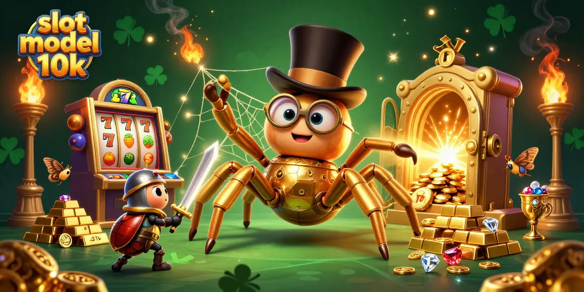 This artistic depiction shows a 3D cartoon scene of the slot modal 10k universe, featuring unique characters in a rich casino environment with golden treasures.