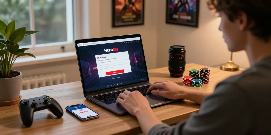 Login scene featuring Hero138 link on laptop, gaming setup with poker chips, and online recovery prompt.