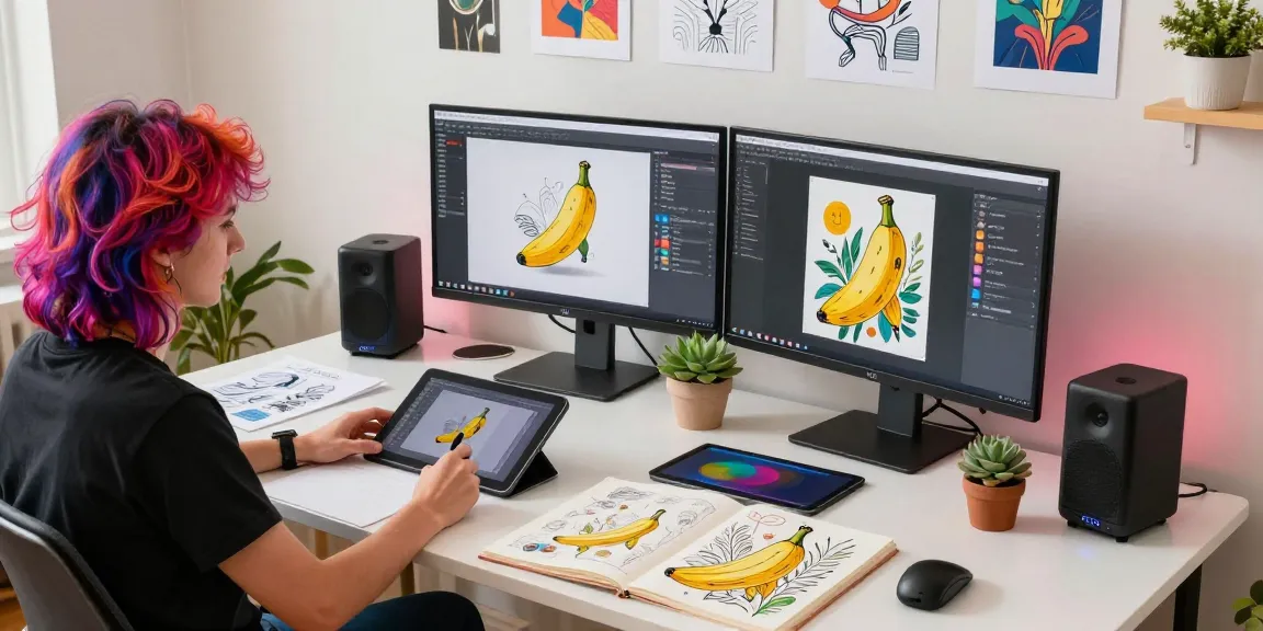 Artist using nano banana 2 in vibrant creative workspace, showcasing innovative AI-generated images.