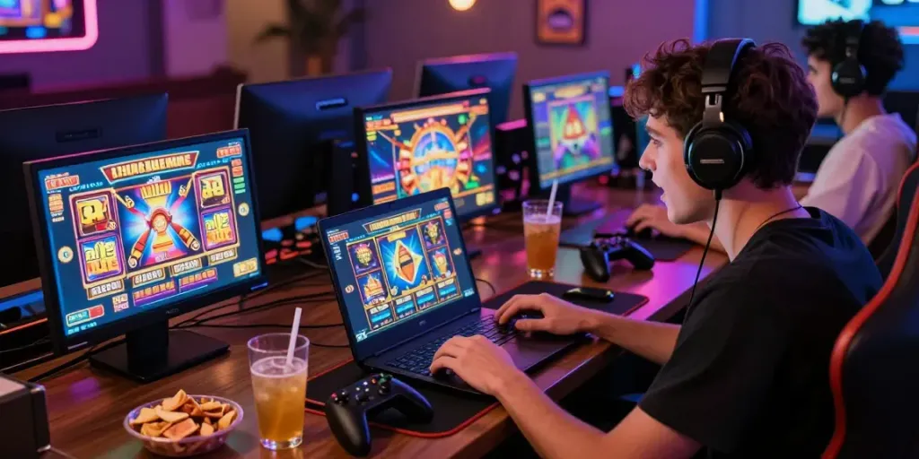 Pengguna menikmati permainan slot online dengan laptop dan camilan di meja, menciptakan suasana menyenangkan.