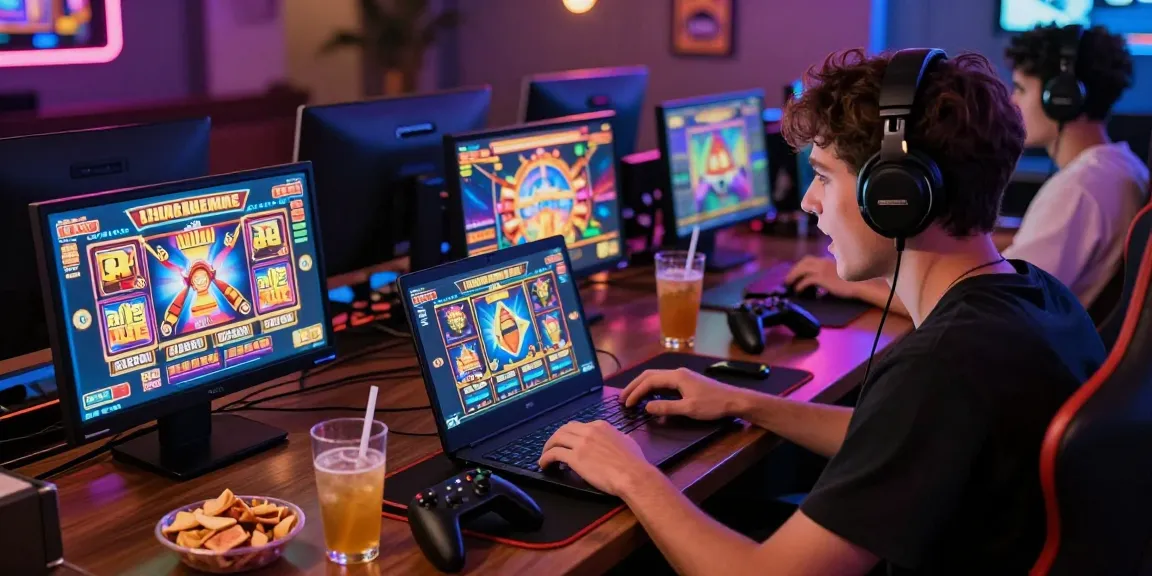 Pengguna menikmati permainan slot online dengan laptop dan camilan di meja, menciptakan suasana menyenangkan.