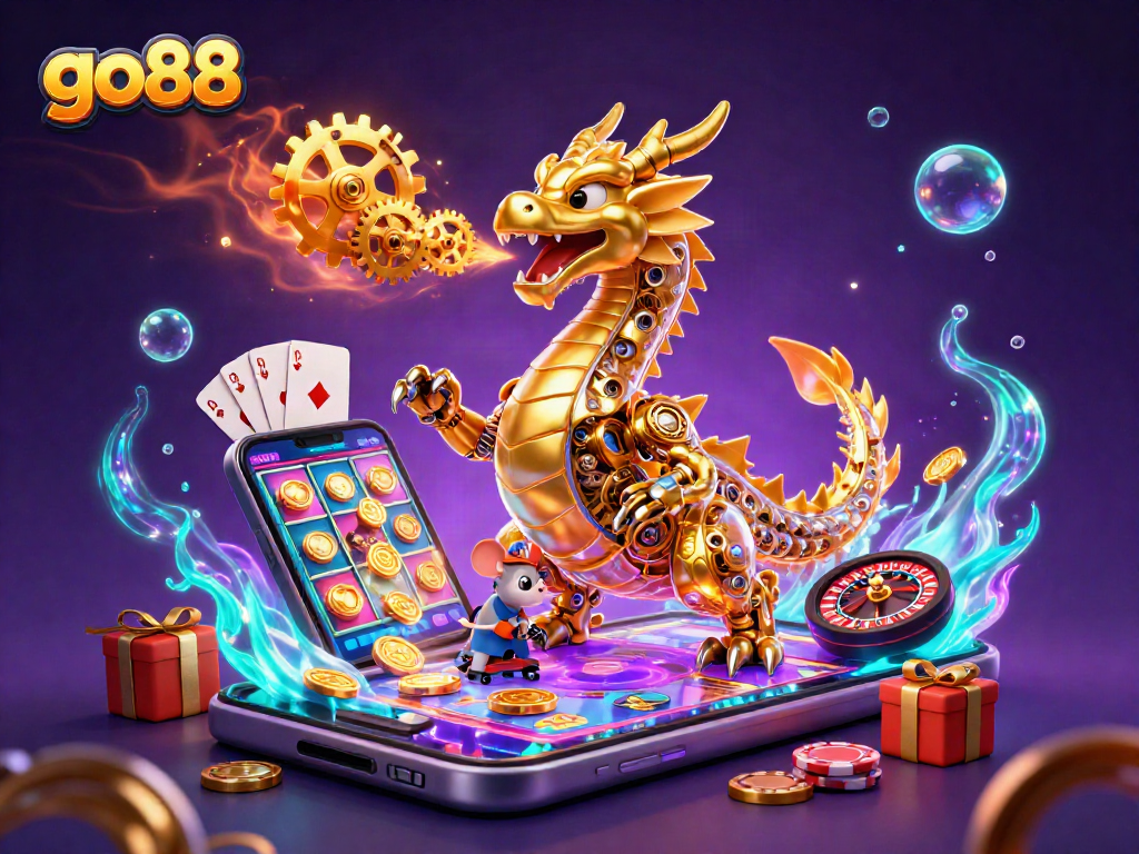 Experience go88 excitement with a golden dragon and vibrant gaming elements in a dynamic casino scene.