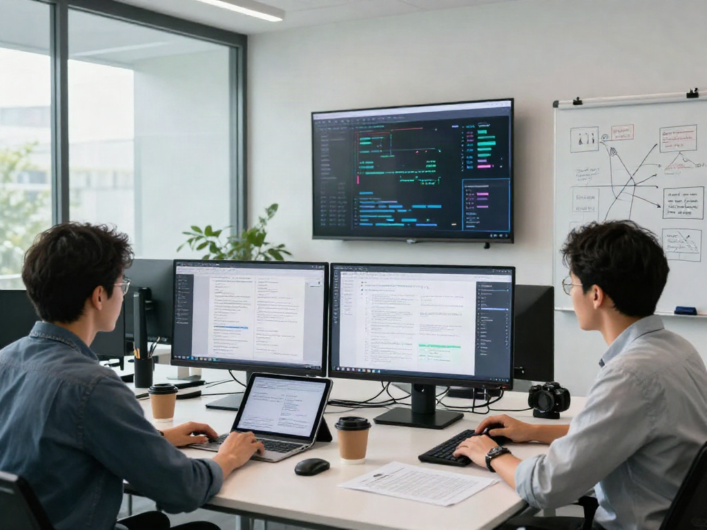 Document fraud detection software team collaborating in a high-tech office environment, showcasing innovative technology and data analysis.