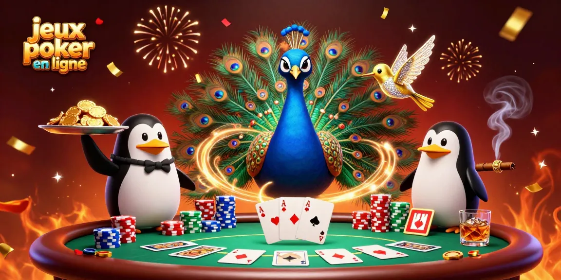Jouez avec des stratégies sur les jeux de poker en ligne avec un paon aristocratique et un pingouin serveur.