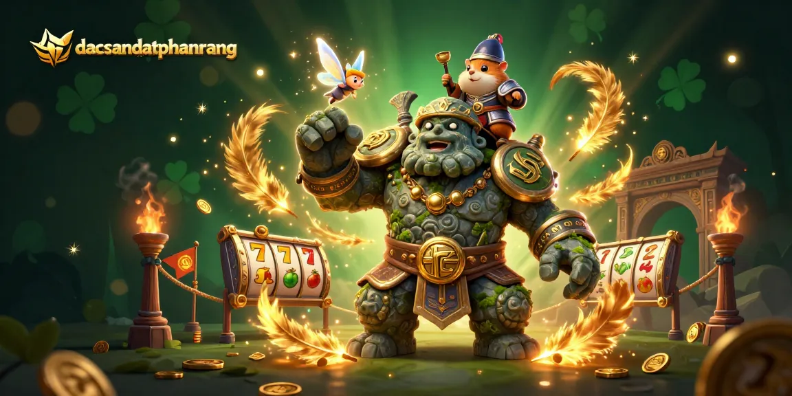 dacsandatphanrang unveils a vibrant casino scene featuring a magical stone golem guardian and enchanting characters in action.