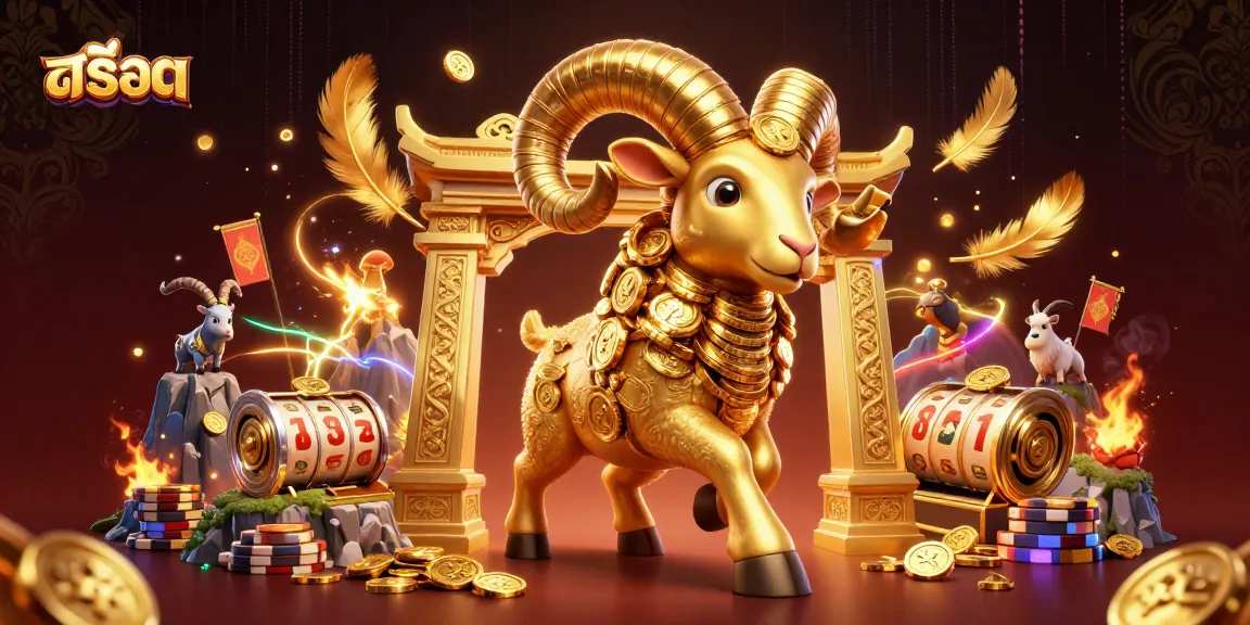 Experience สล็อต excitement with a golden ram charging through a vibrant casino scene full of slots.