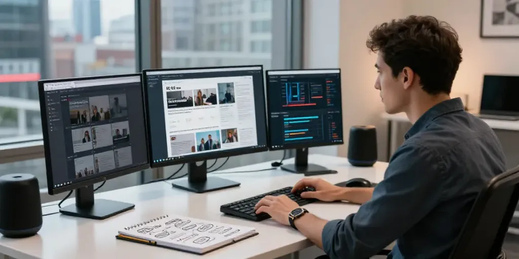 AI content ideas from RSS feeds illustrated in a modern workspace with a content creator analyzing data.
