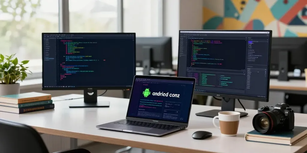 Developer reviewing open-source apps from h5.2113.net in a bright, modern office