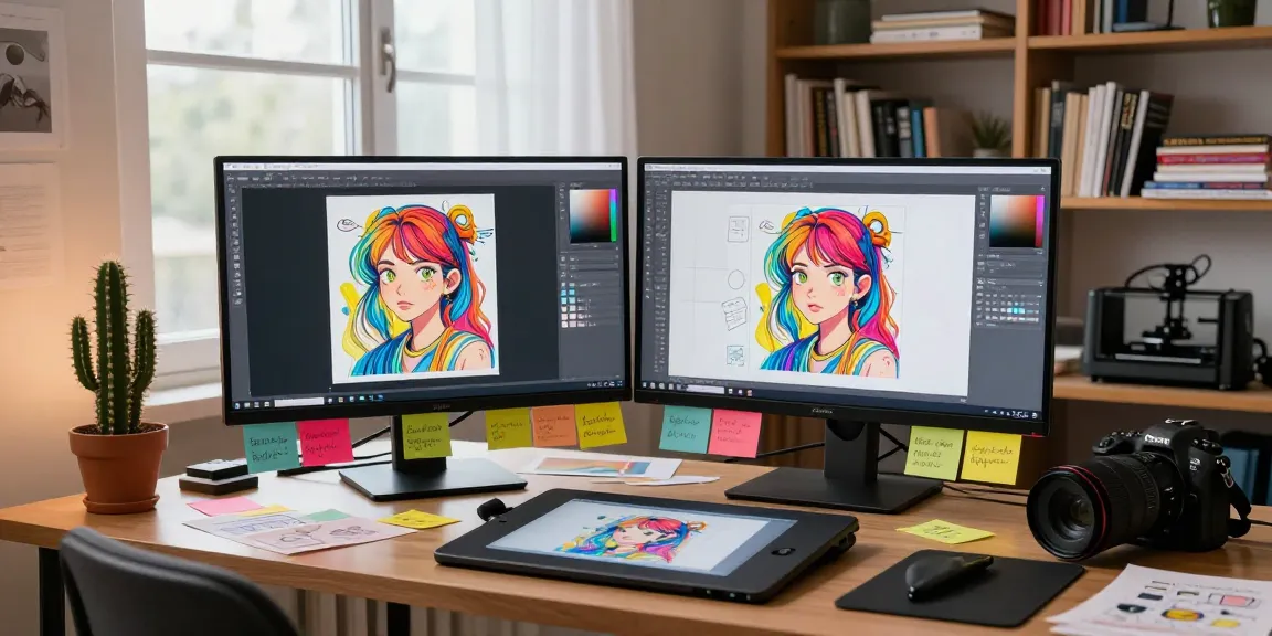 Creative artist using nsfw ai tools in a vibrant digital art studio.