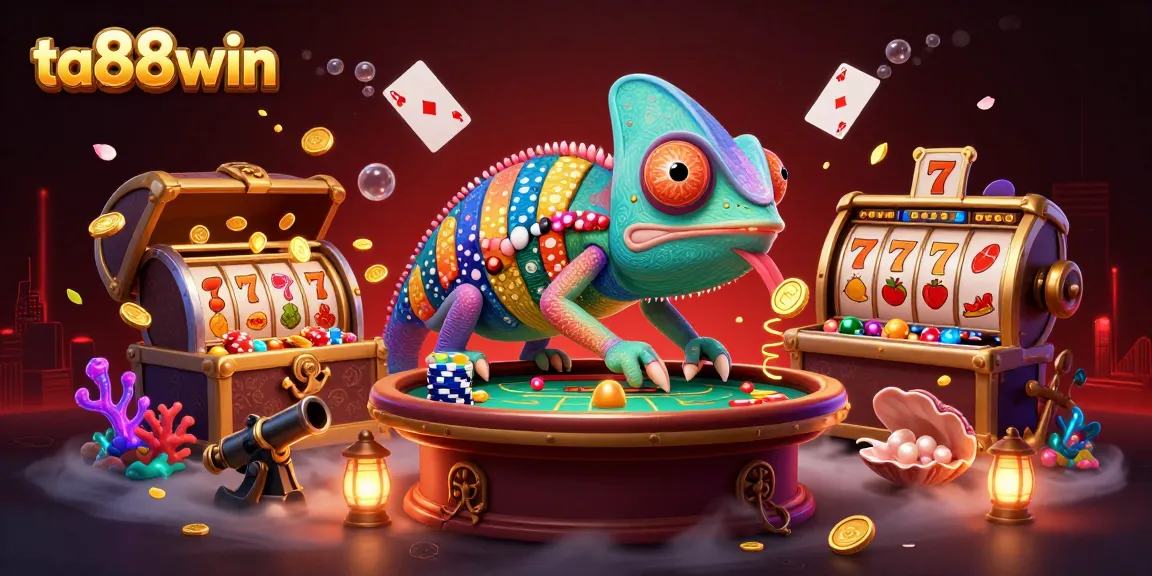 Experience the vibrant ta88win casino scene, featuring a chameleon owner in a lively atmosphere.