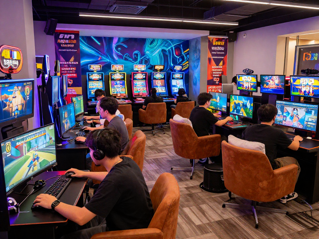 Engaging scene at the raja328 link online gaming platform with players enjoying vibrant games in a lively lounge.