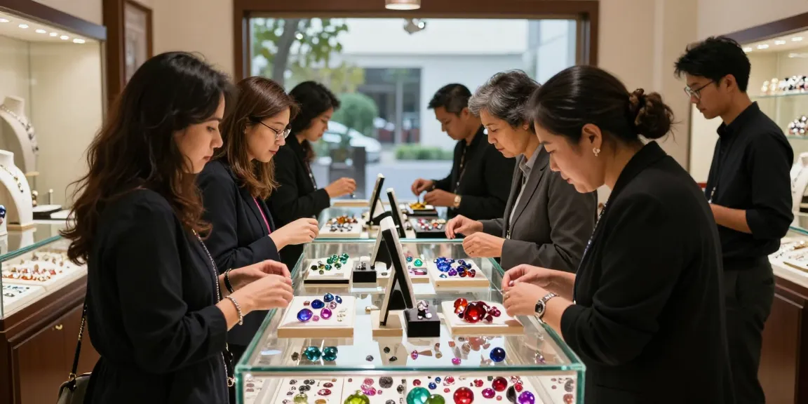 Explore gemstones at My Gem Spot's elegant marketplace, highlighting quality stones and engaging customers.