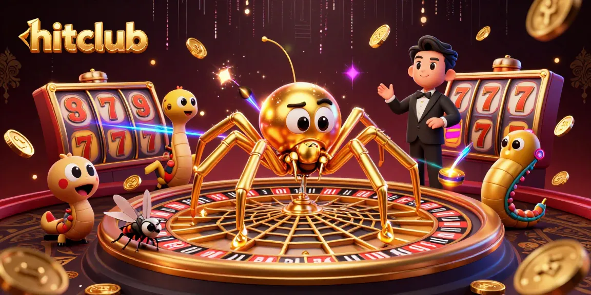 Hitclub spins a golden roulette web as players bet on thrilling slot games in this vibrant 3D illustration.