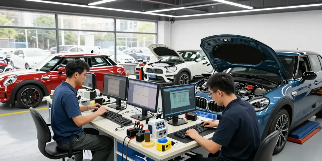 BMW Werkstatt Hannover mit Techniker, der Motoren wartet und modernste Ausrüstung nutzt.