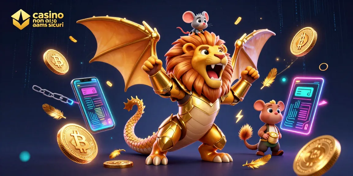Interagisci con i casino non AAMS sicuri in questa vibrante illustrazione 3D di una chimera e elementi crypto.