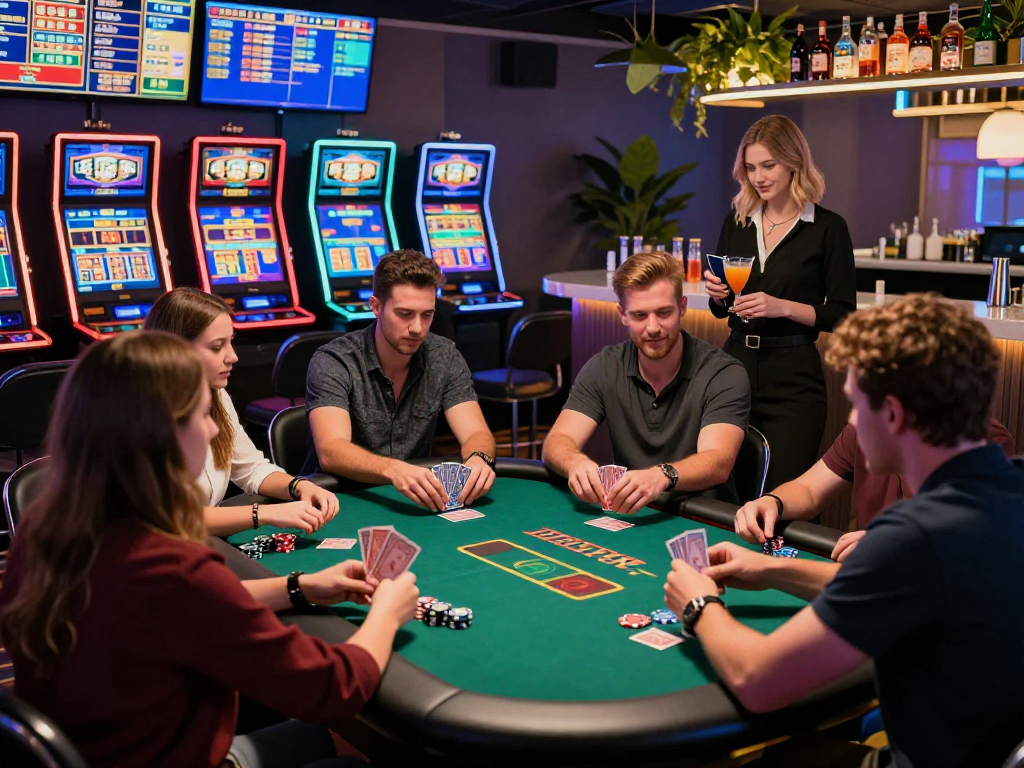 Friends enjoying a lively poker game at rokok88 daftar casino, vibrant atmosphere with flashing lights and drinks.