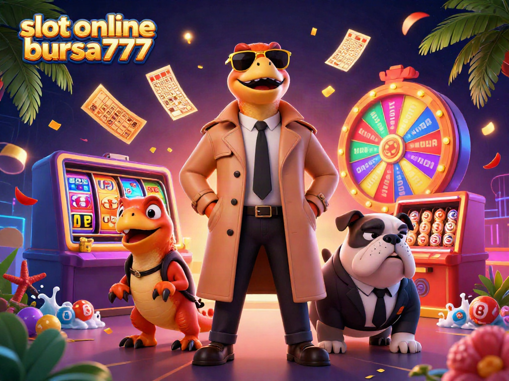 Masukkan slot online bursa777 dengan keseruan, menggambarkan tiga raptor dalam jas berusaha memasuki ruang VIP kasino.