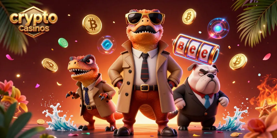 Découvrez les crypto casinos avec des illustrations dynamiques de raptors déguisés en monnaie numérique.