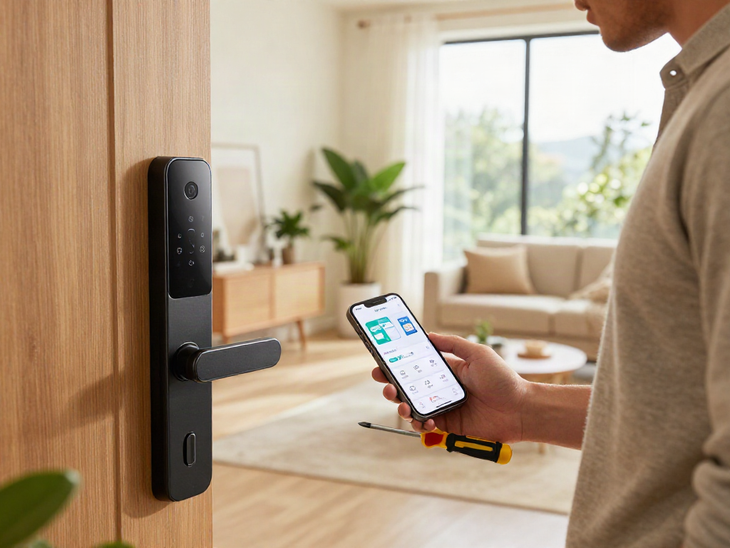 Smart lock قفل هوشمند installation in a modern home setting